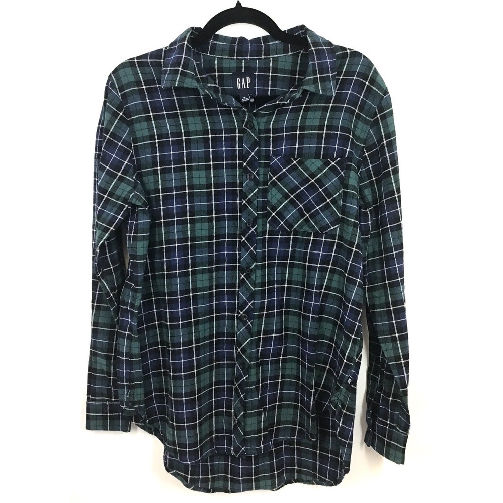 GAP Medium Plaid Flannel Button Up Shirt Green Navy 100% Cotton Cozy Cabincore